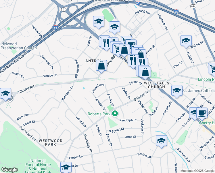 map of restaurants, bars, coffee shops, grocery stores, and more near 2509 Fowler Street in Falls Church