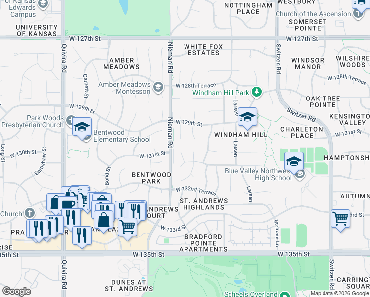 map of restaurants, bars, coffee shops, grocery stores, and more near 13004 Bluejacket Street in Overland Park