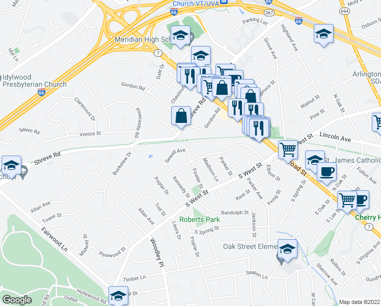 map of restaurants, bars, coffee shops, grocery stores, and more near 2509 Fowler Street in Falls Church
