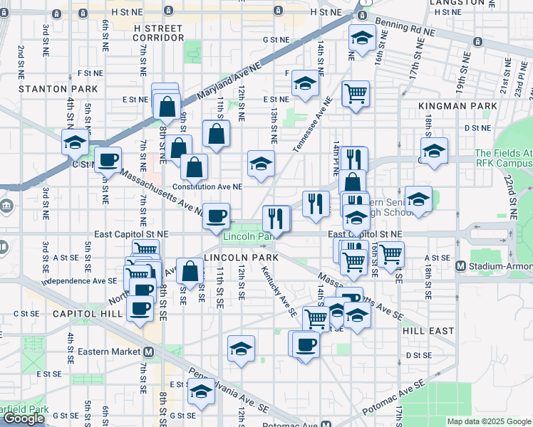 map of restaurants, bars, coffee shops, grocery stores, and more near 101 Independence Avenue Southeast in Washington