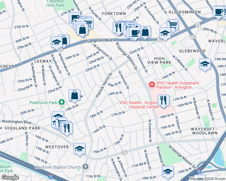map of restaurants, bars, coffee shops, grocery stores, and more near 5429 19th Street North in Arlington