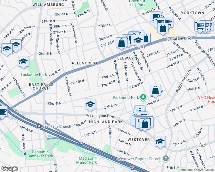 map of restaurants, bars, coffee shops, grocery stores, and more near 6038 22nd Road North in Arlington