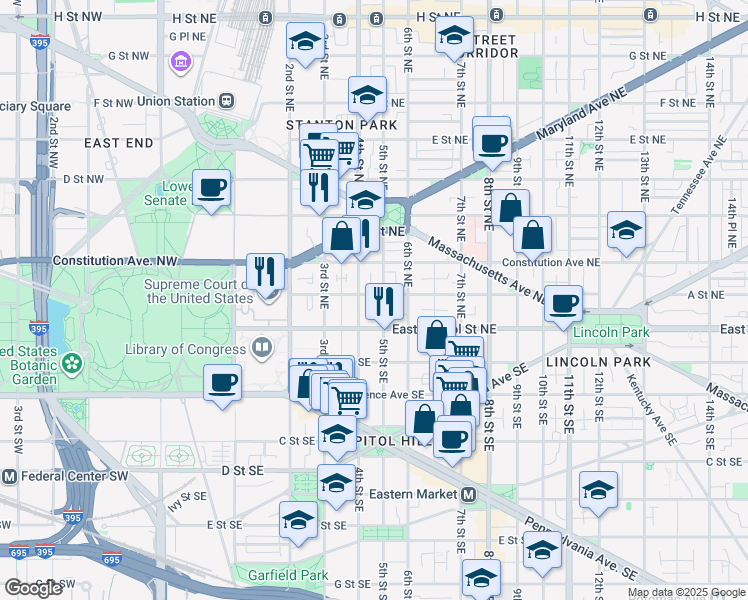 map of restaurants, bars, coffee shops, grocery stores, and more near 417 A Street Northeast in Washington