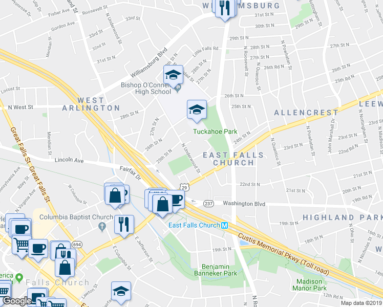 map of restaurants, bars, coffee shops, grocery stores, and more near 2405 North Underwood Street in Arlington