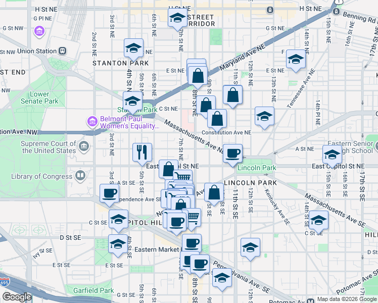 map of restaurants, bars, coffee shops, grocery stores, and more near 101 Independence Avenue Southeast in Washington