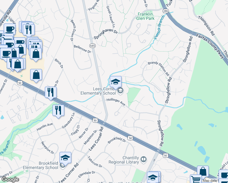 map of restaurants, bars, coffee shops, grocery stores, and more near 13500 Hollinger Avenue in Fairfax