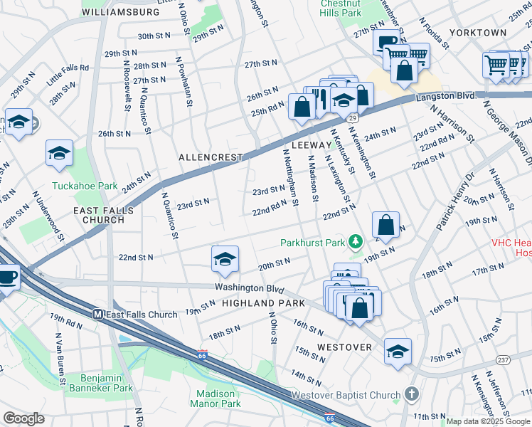 map of restaurants, bars, coffee shops, grocery stores, and more near 6038 22nd Road North in Arlington