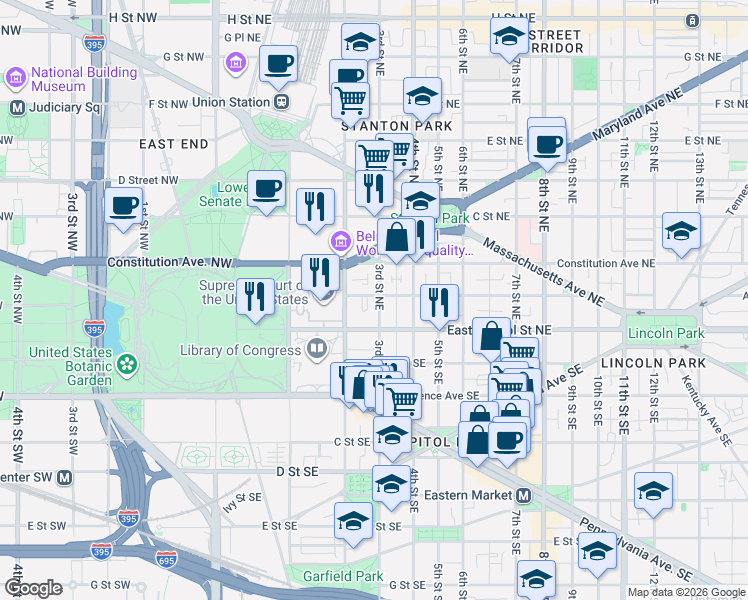 map of restaurants, bars, coffee shops, grocery stores, and more near 101 Independence Avenue Southeast in Washington