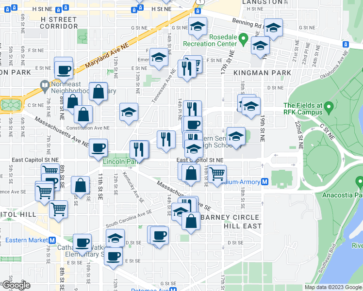 map of restaurants, bars, coffee shops, grocery stores, and more near 1457 A Street Northeast in Washington