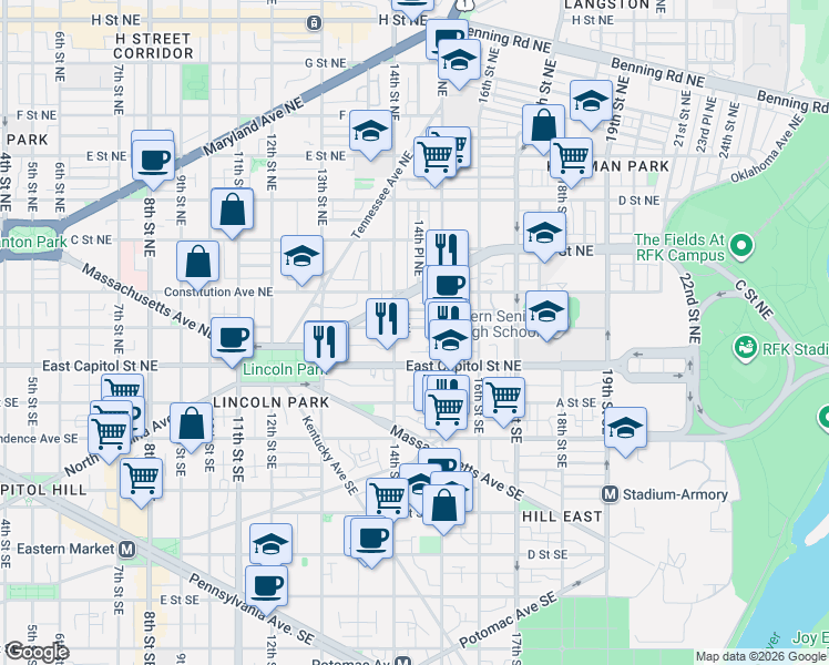 map of restaurants, bars, coffee shops, grocery stores, and more near 1441 A Street Northeast in Washington