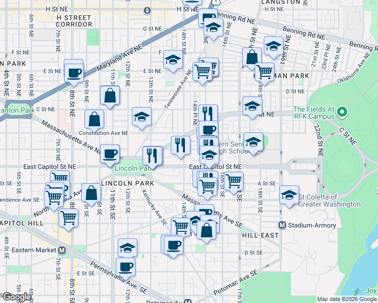 map of restaurants, bars, coffee shops, grocery stores, and more near 101 Independence Avenue Southeast in Washington