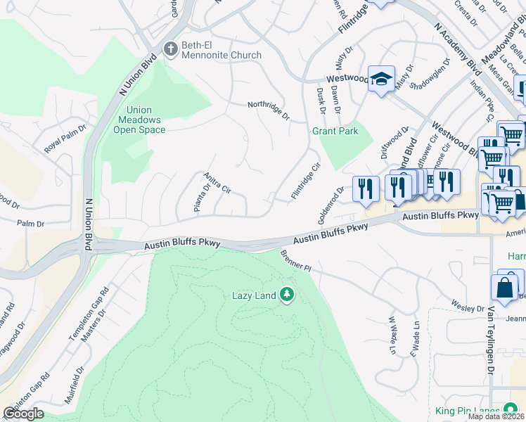 map of restaurants, bars, coffee shops, grocery stores, and more near 2705 Flintridge Drive in Colorado Springs
