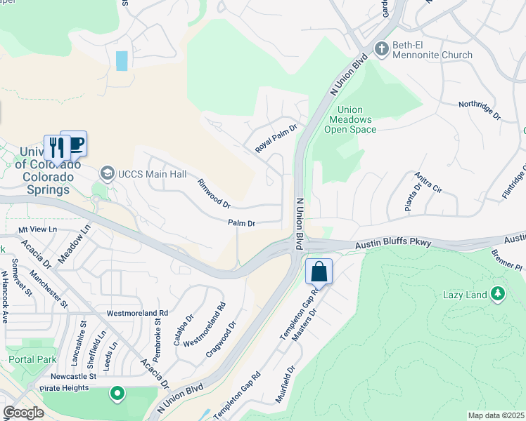 map of restaurants, bars, coffee shops, grocery stores, and more near 1966 Palm Drive in Colorado Springs