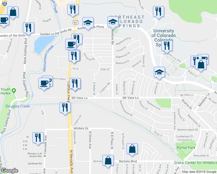 map of restaurants, bars, coffee shops, grocery stores, and more near 3916 Azalea Street in Colorado Springs