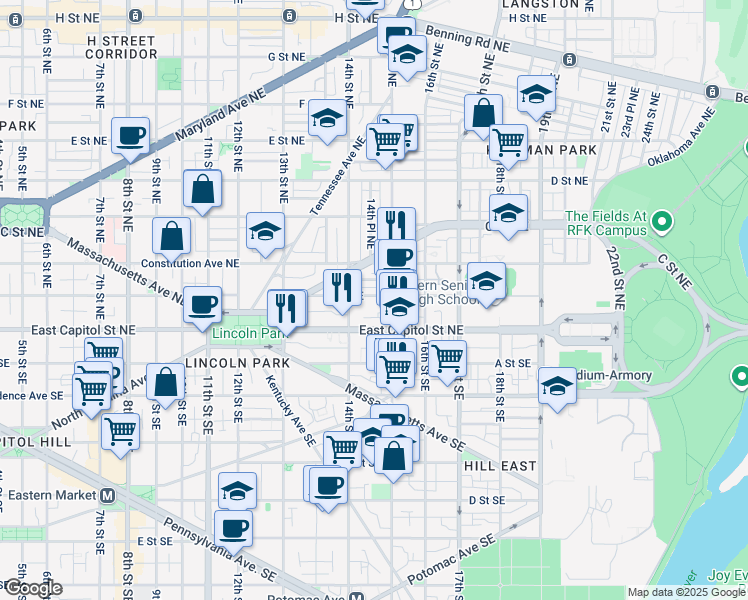 map of restaurants, bars, coffee shops, grocery stores, and more near 101 Independence Avenue Southeast in Washington