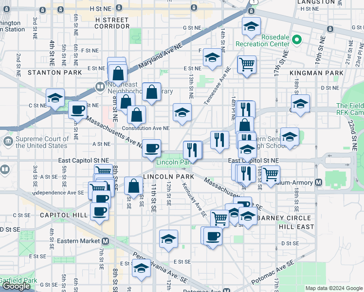 map of restaurants, bars, coffee shops, grocery stores, and more near 101 Independence Avenue Southeast in Washington