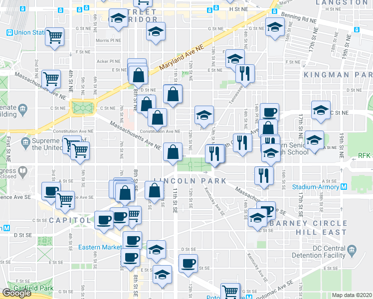 map of restaurants, bars, coffee shops, grocery stores, and more near 1124 East Capitol Street Northeast in Washington