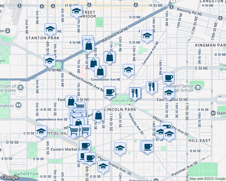 map of restaurants, bars, coffee shops, grocery stores, and more near 101 Independence Avenue Southeast in Washington