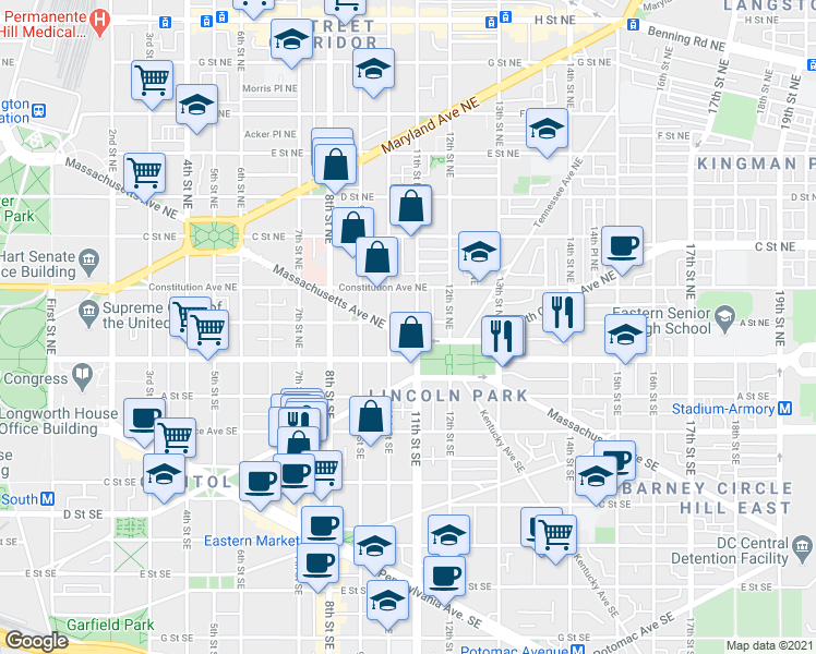 map of restaurants, bars, coffee shops, grocery stores, and more near 101 Independence Avenue Southeast in Washington