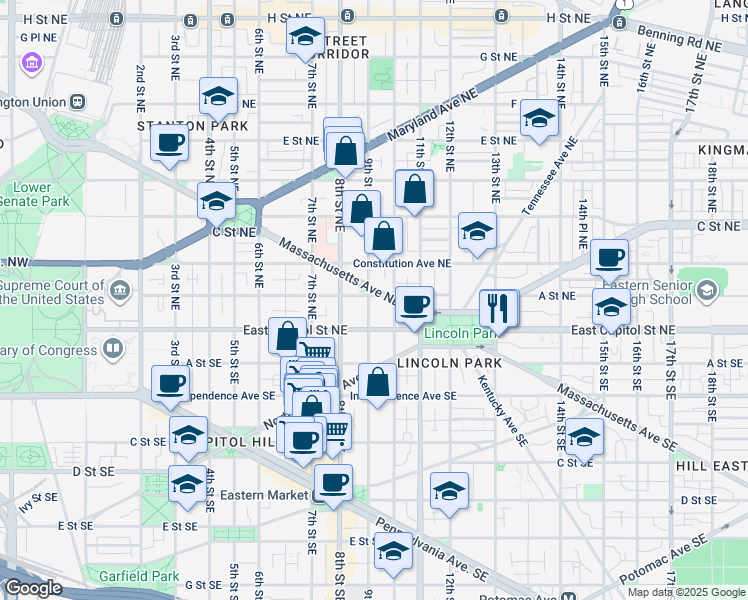 map of restaurants, bars, coffee shops, grocery stores, and more near 101 Independence Avenue Southeast in Washington