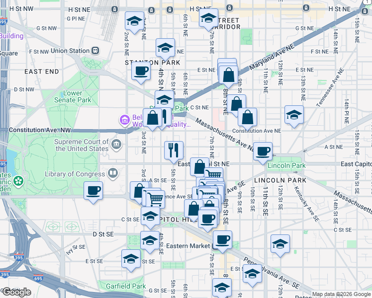 map of restaurants, bars, coffee shops, grocery stores, and more near 101 Independence Avenue Southeast in Washington