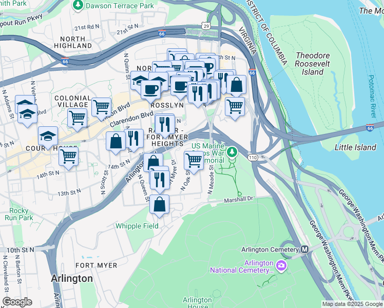 map of restaurants, bars, coffee shops, grocery stores, and more near 101 Independence Avenue Southeast in Washington