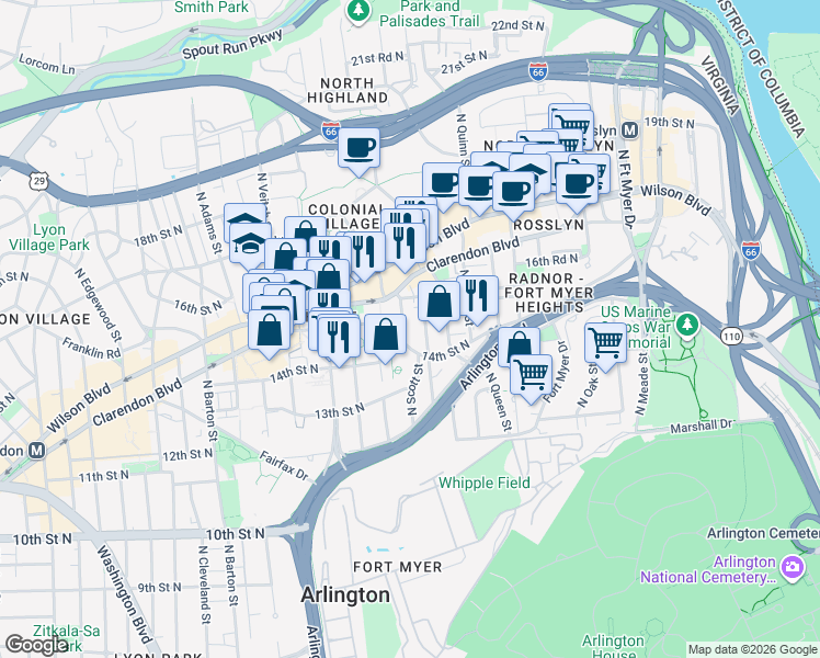 map of restaurants, bars, coffee shops, grocery stores, and more near 101 Independence Avenue Southeast in Washington