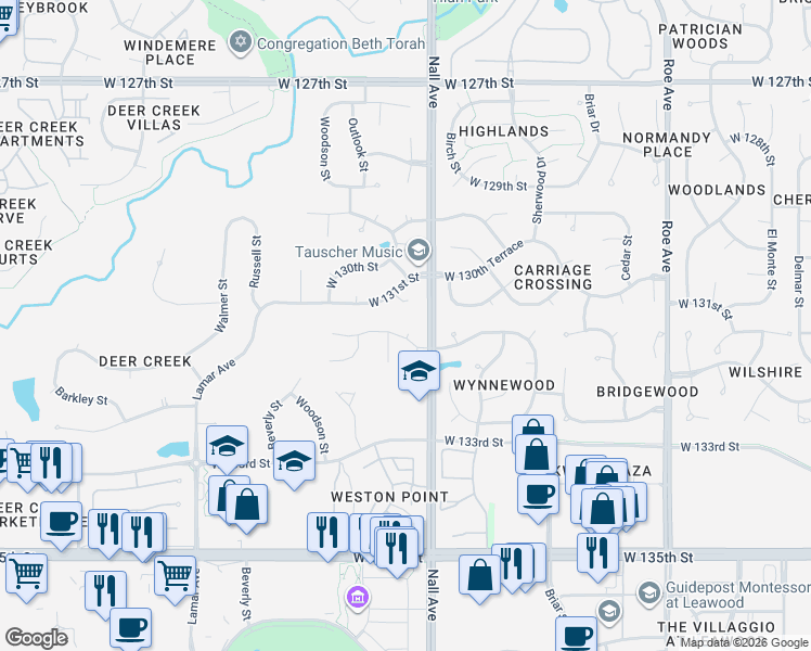 map of restaurants, bars, coffee shops, grocery stores, and more near 5602 West 131st Terrace in Leawood
