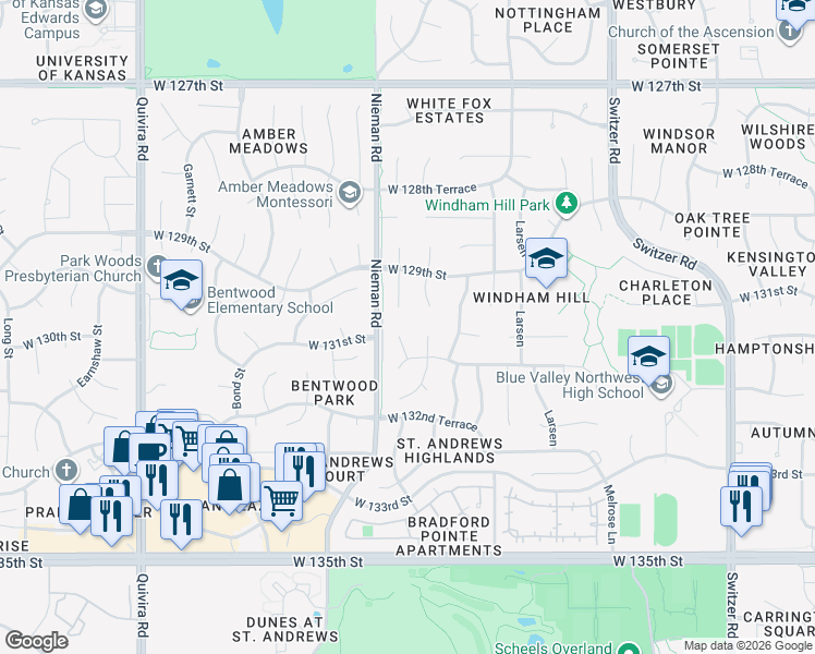 map of restaurants, bars, coffee shops, grocery stores, and more near 13004 Bluejacket Street in Overland Park