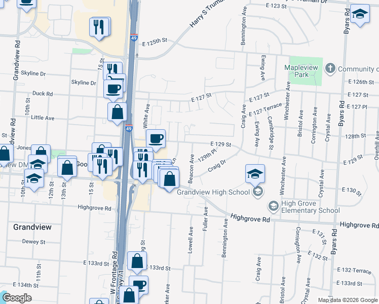 map of restaurants, bars, coffee shops, grocery stores, and more near 12908 Beacon Avenue in Grandview
