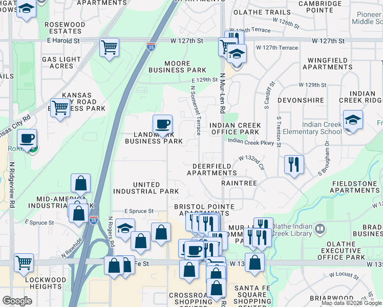 map of restaurants, bars, coffee shops, grocery stores, and more near 655 North Somerset Terrace in Olathe
