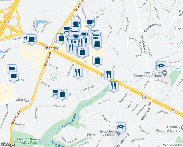 map of restaurants, bars, coffee shops, grocery stores, and more near 4035 Kimberley Glen Court in Chantilly