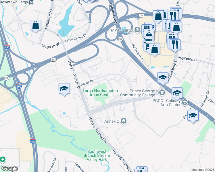 map of restaurants, bars, coffee shops, grocery stores, and more near 10109 Prince Place in Upper Marlboro