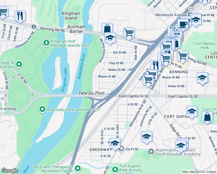 map of restaurants, bars, coffee shops, grocery stores, and more near 3344 Ames Street Northeast in Washington