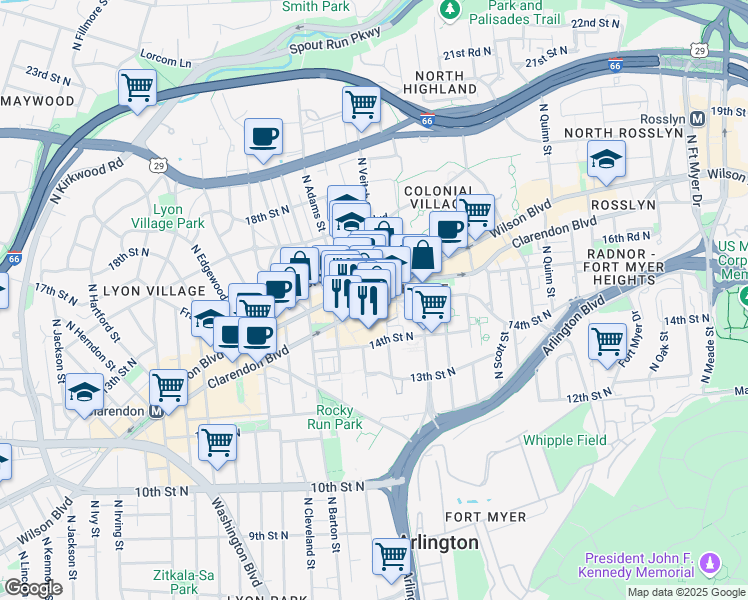 map of restaurants, bars, coffee shops, grocery stores, and more near Clarendon Boulevard in Arlington