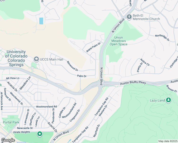 map of restaurants, bars, coffee shops, grocery stores, and more near 1966 Palm Drive in Colorado Springs