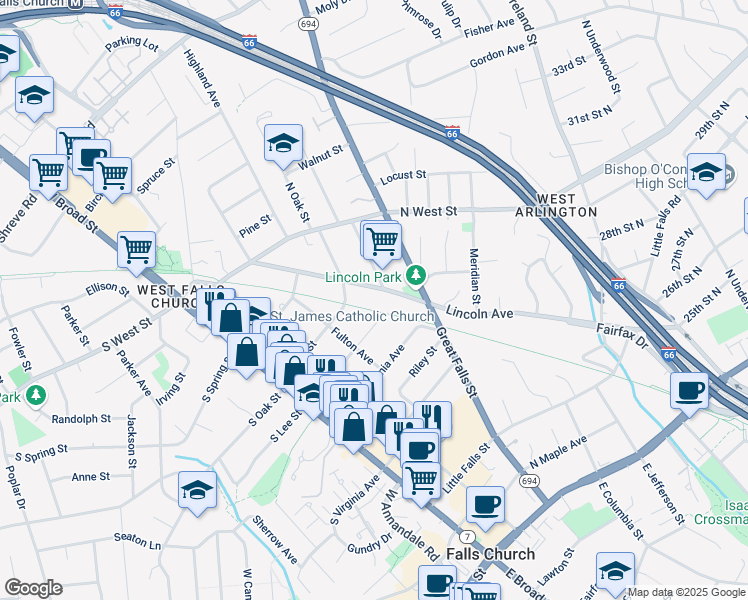 map of restaurants, bars, coffee shops, grocery stores, and more near 703 Lincoln Avenue in Falls Church