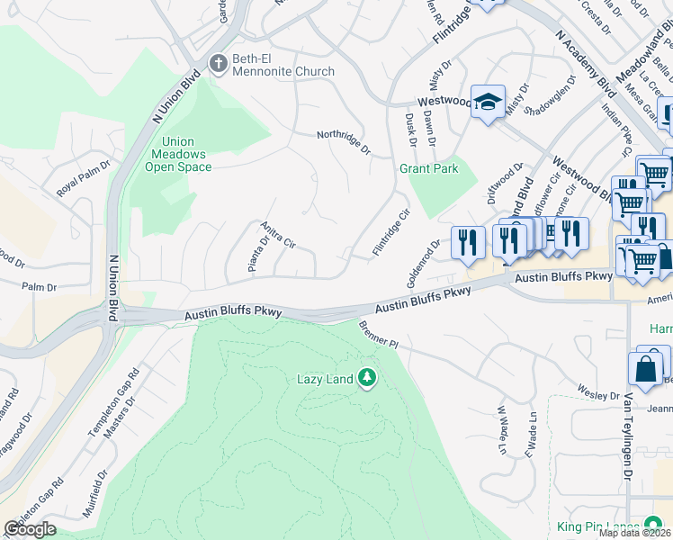 map of restaurants, bars, coffee shops, grocery stores, and more near 2705 Flintridge Drive in Colorado Springs