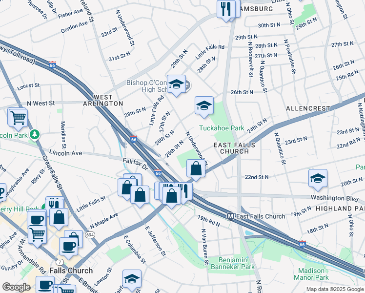map of restaurants, bars, coffee shops, grocery stores, and more near 6720 25th Street North in Arlington