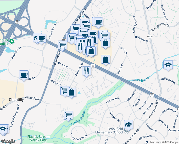 map of restaurants, bars, coffee shops, grocery stores, and more near 4114 Chantilly Lace Court in Chantilly