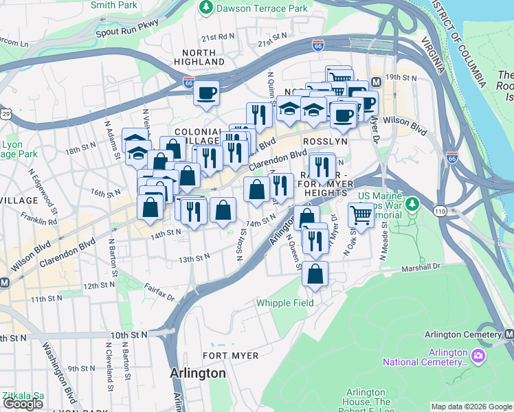 map of restaurants, bars, coffee shops, grocery stores, and more near 101 Independence Avenue Southeast in Washington
