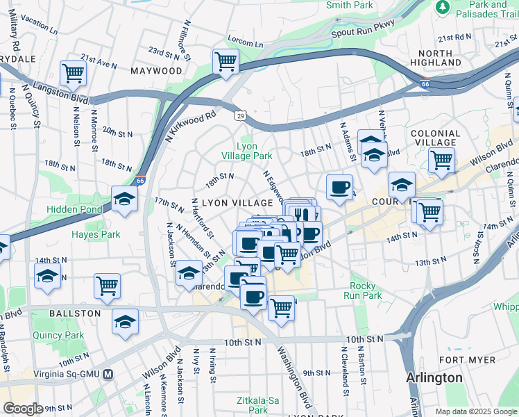 map of restaurants, bars, coffee shops, grocery stores, and more near 1608 North Fillmore Street in Arlington