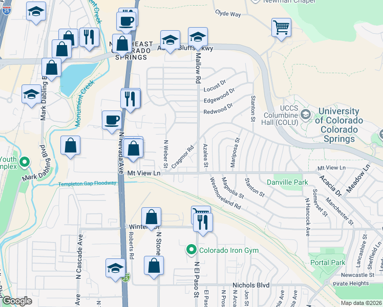 map of restaurants, bars, coffee shops, grocery stores, and more near 3916 Azalea Street in Colorado Springs