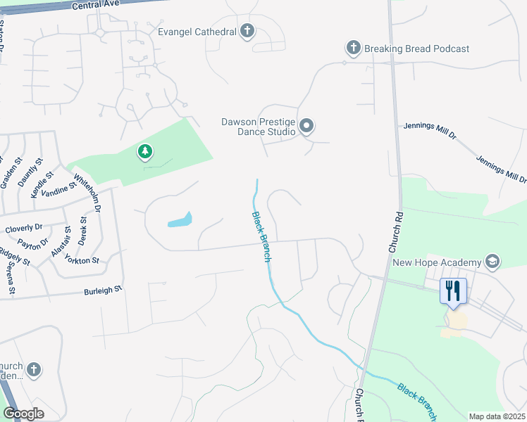 map of restaurants, bars, coffee shops, grocery stores, and more near 327 Panora Way in Upper Marlboro