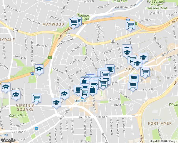 map of restaurants, bars, coffee shops, grocery stores, and more near 1608 North Fillmore Street in Arlington