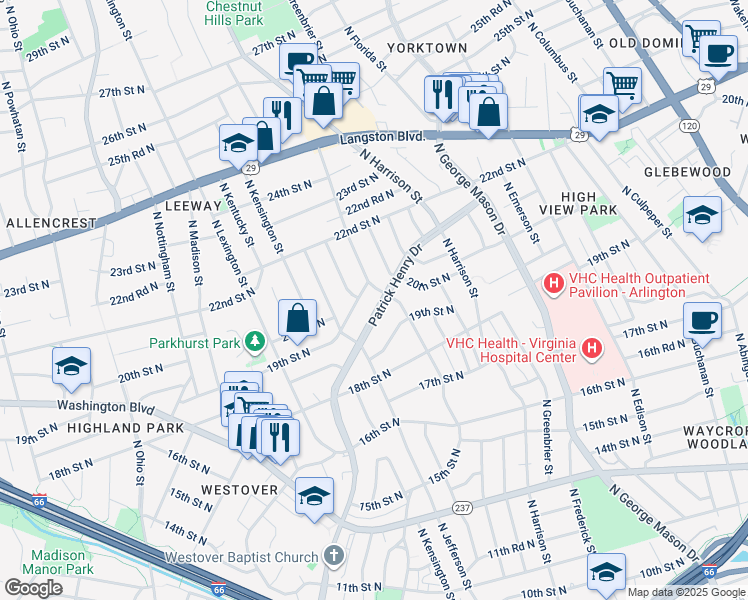 map of restaurants, bars, coffee shops, grocery stores, and more near 1872 Patrick Henry Drive in Arlington