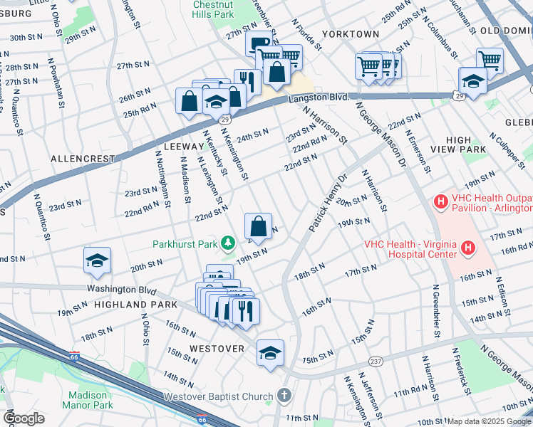 map of restaurants, bars, coffee shops, grocery stores, and more near 2017 North Kensington Street in Arlington