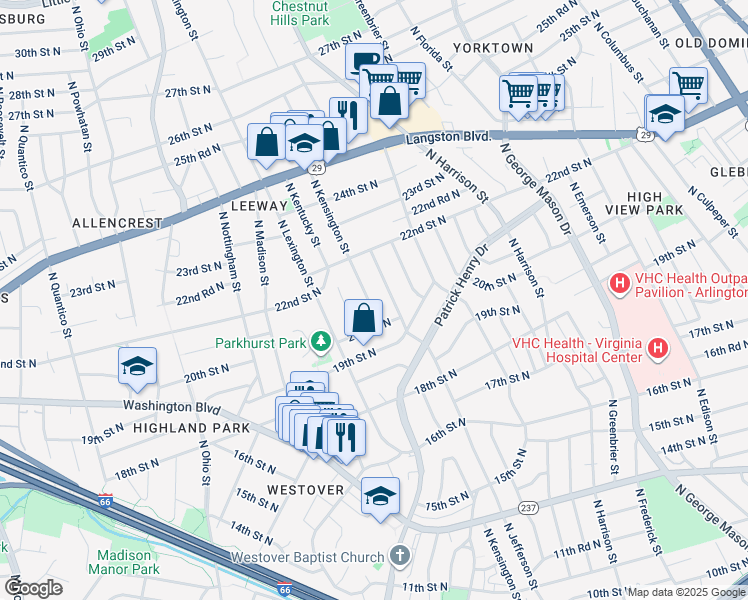 map of restaurants, bars, coffee shops, grocery stores, and more near 2017 North Kensington Street in Arlington
