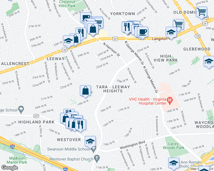 map of restaurants, bars, coffee shops, grocery stores, and more near 1872 Patrick Henry Drive in Arlington