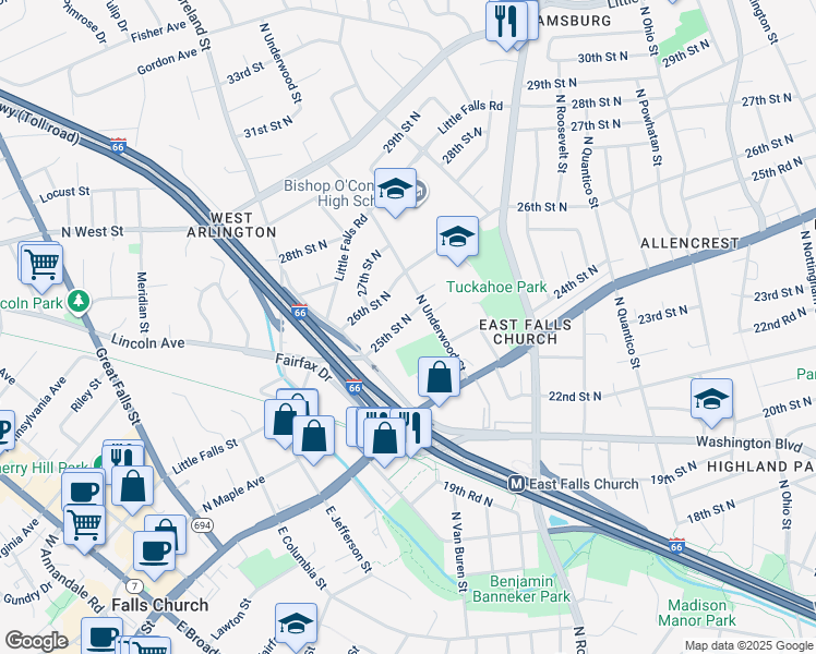 map of restaurants, bars, coffee shops, grocery stores, and more near 6720 25th Street North in Arlington